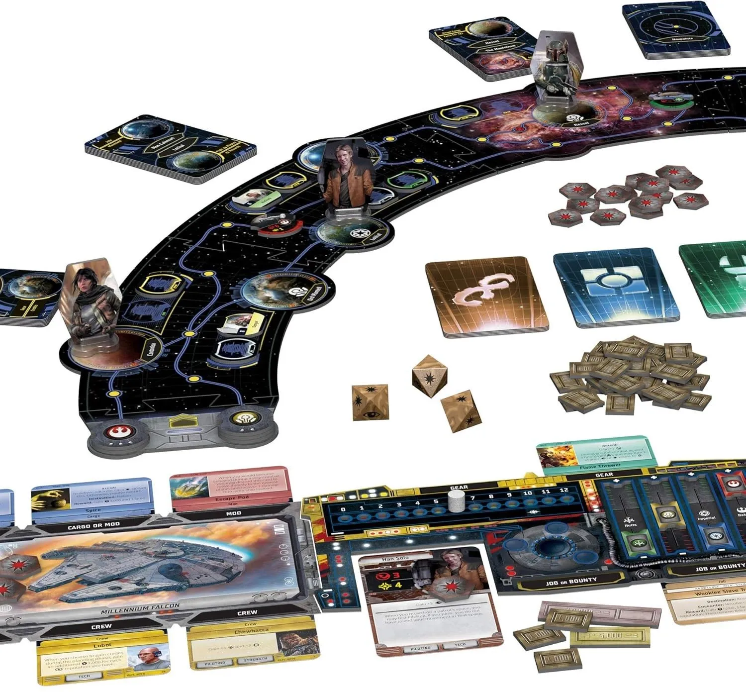 Bảng game Star Wars Outer Rim với bản đồ thiên hà, thẻ nhiệm vụ, tàu không gian và các token nhân vật.