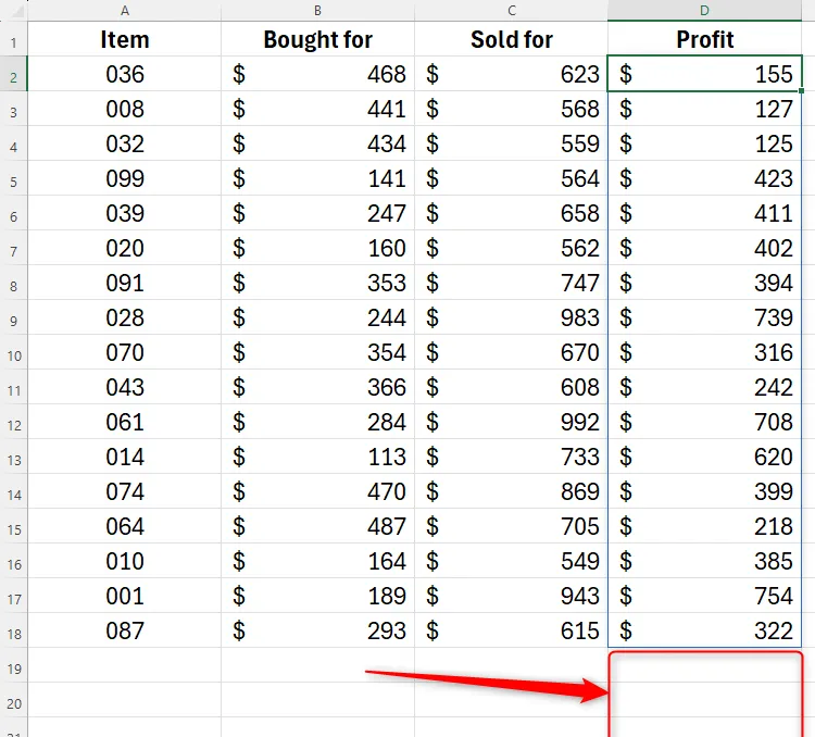 Bảng tính Excel với phép tính tràn đã được hàm TRIMRANGE tự động cắt gọn, chỉ hiển thị kết quả trên các hàng dữ liệu.