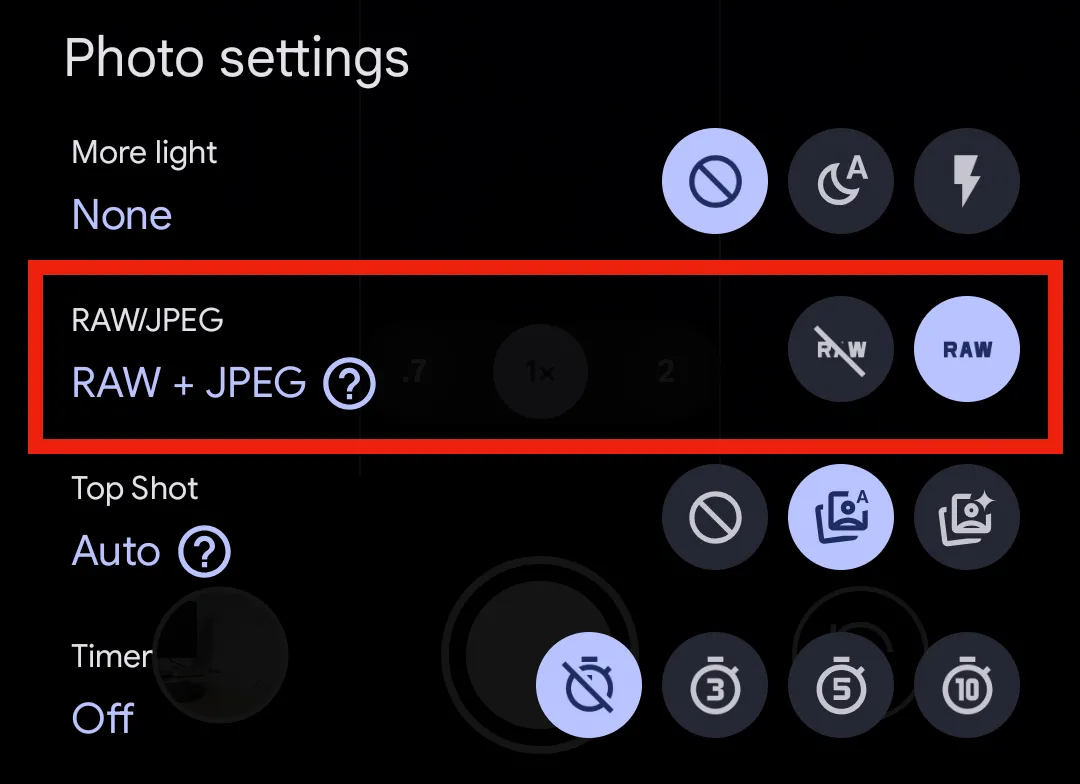 Bật chế độ chụp RAW/JPEG trong cài đặt nâng cao của Pixel Camera.