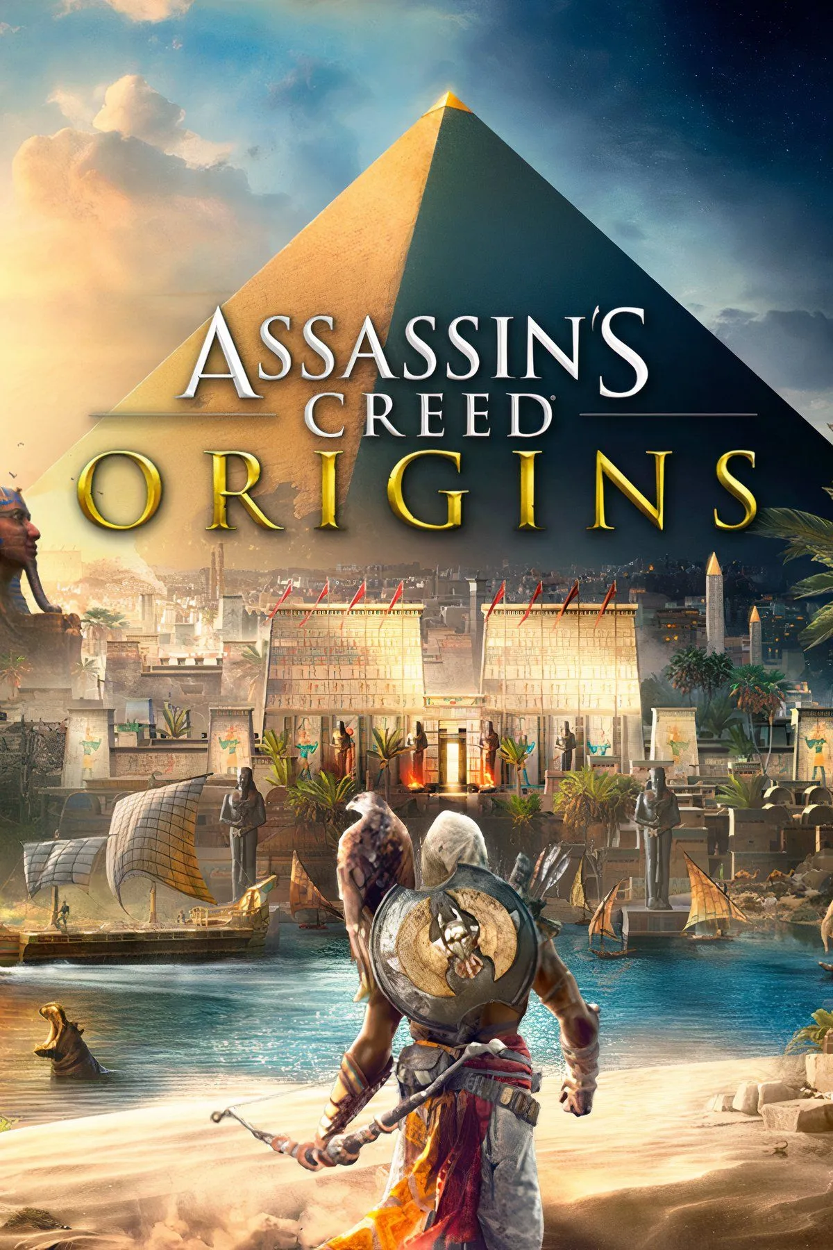Bayek, nhân vật chính của Assassin's Creed Origins, đứng oai vệ trên lưng lạc đà trước một kim tự tháp hùng vĩ