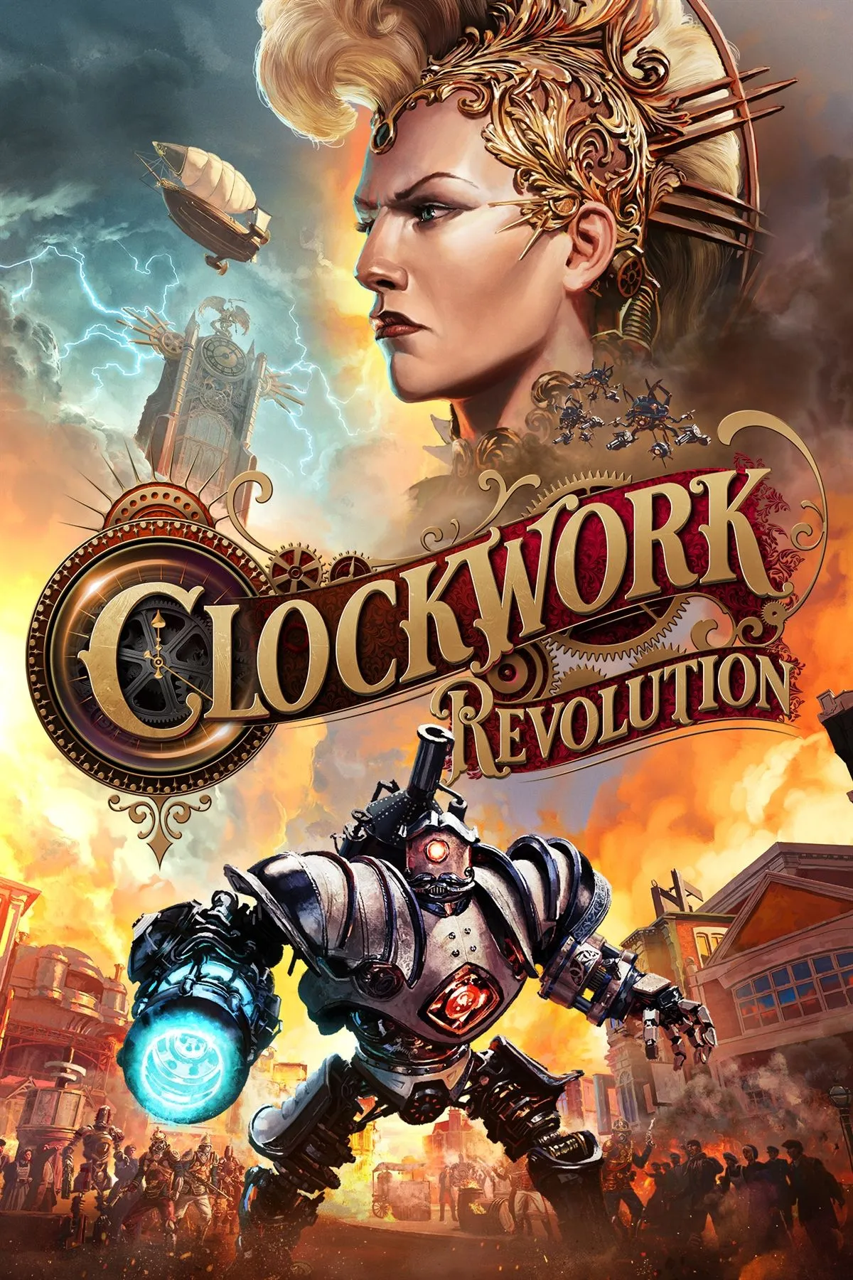 Bìa game Clockwork Revolution với phong cách đồ họa steampunk độc đáo, gợi nhớ đến series Bioshock.