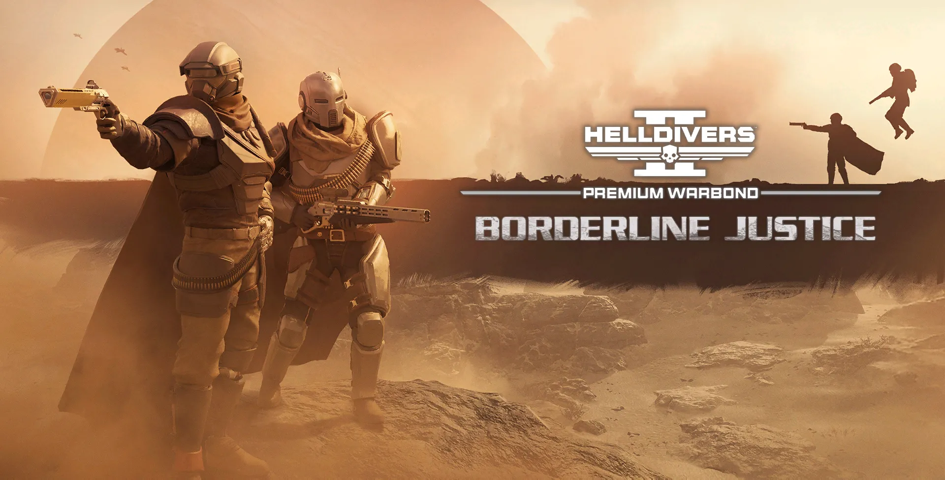 Bìa Warbond Borderline Justice theo chủ đề cao bồi trong Helldivers 2, với súng trường và nón cao bồi.