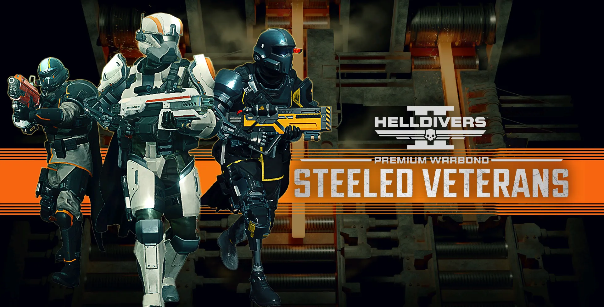 Bìa Warbond The Steeled Veterans trong Helldivers 2 với hình ảnh chiến binh mạnh mẽ và vũ khí đa dạng.
