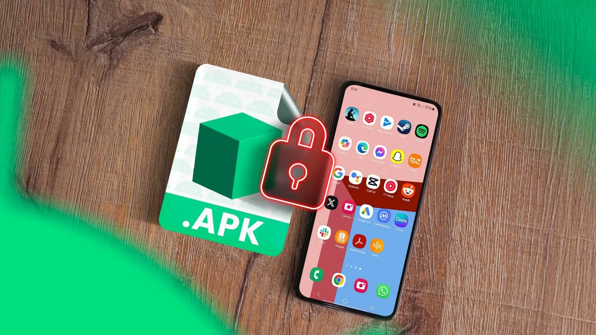 Biểu tượng APK bên cạnh điện thoại thông minh với ổ khóa ở giữa, tượng trưng cho nguy cơ bảo mật khi cài ứng dụng không chính thức