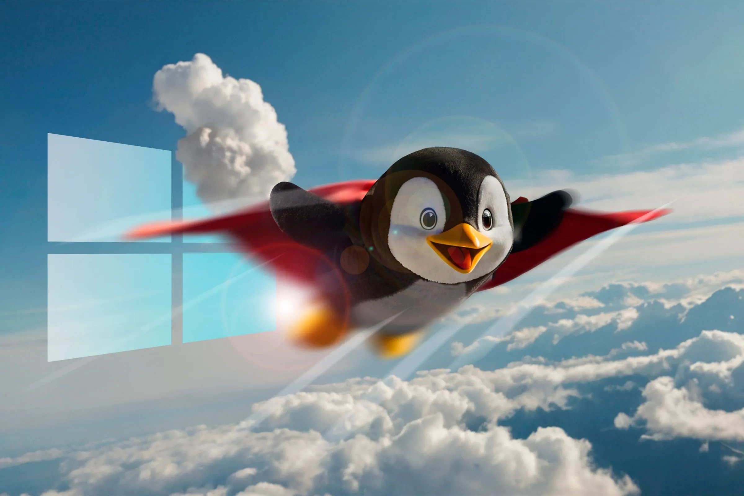 Biểu tượng Linux bay cao trên mây với logo Windows phía sau, tượng trưng cho sự lựa chọn hệ điều hành
