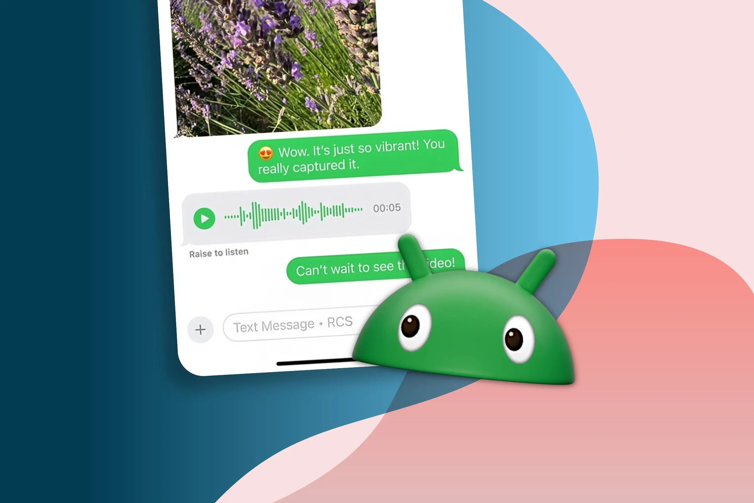 Biểu tượng tin nhắn RCS màu xanh lá và xanh dương, thể hiện sự tương thích giữa Android và iOS, đánh dấu cột mốc quan trọng của Google.