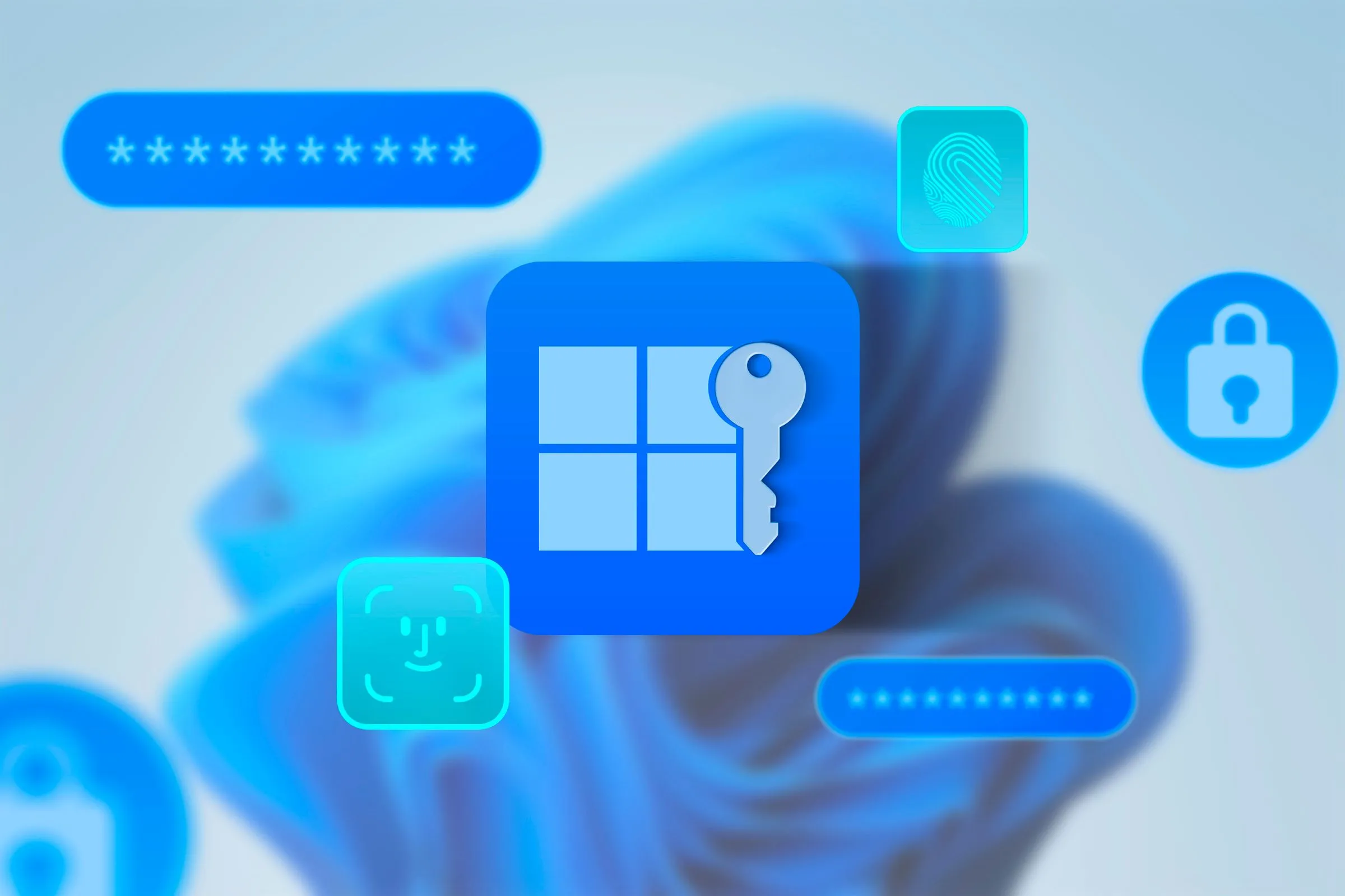 Biểu tượng Windows 11 cùng với chìa khóa và các biểu tượng bảo mật khác như mật khẩu, bảo mật và nhận dạng khuôn mặt