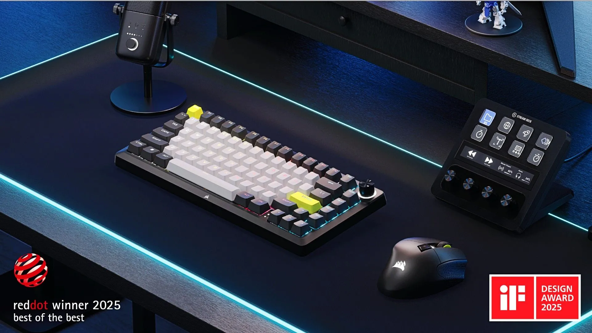 Bộ bàn phím cơ tự lắp Corsair MAKR 75 Barebones Keyboard Kit trên bàn làm việc.