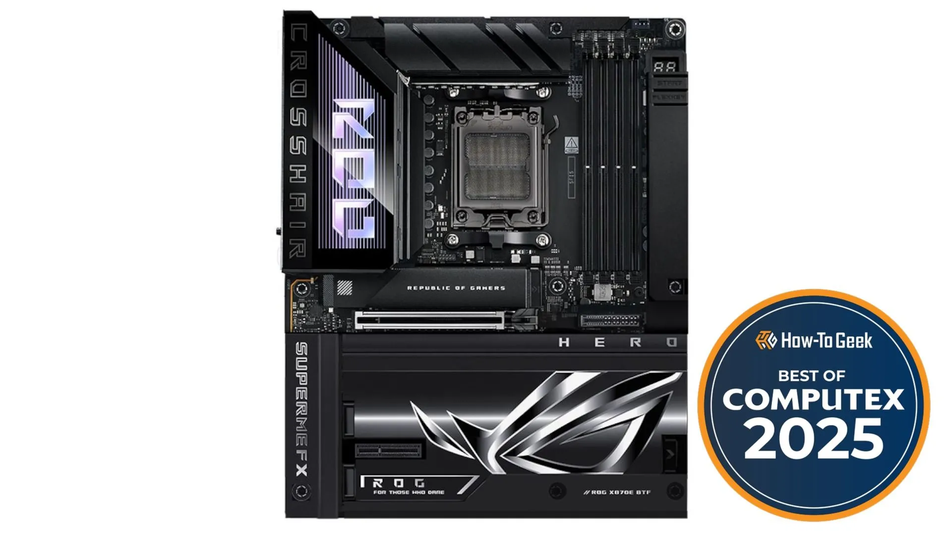 Bo mạch chủ ASUS ROG Crosshair x870E Hero BTF với các cổng kết nối ẩn, làm nổi bật thiết kế sạch sẽ trên nền trắng.
