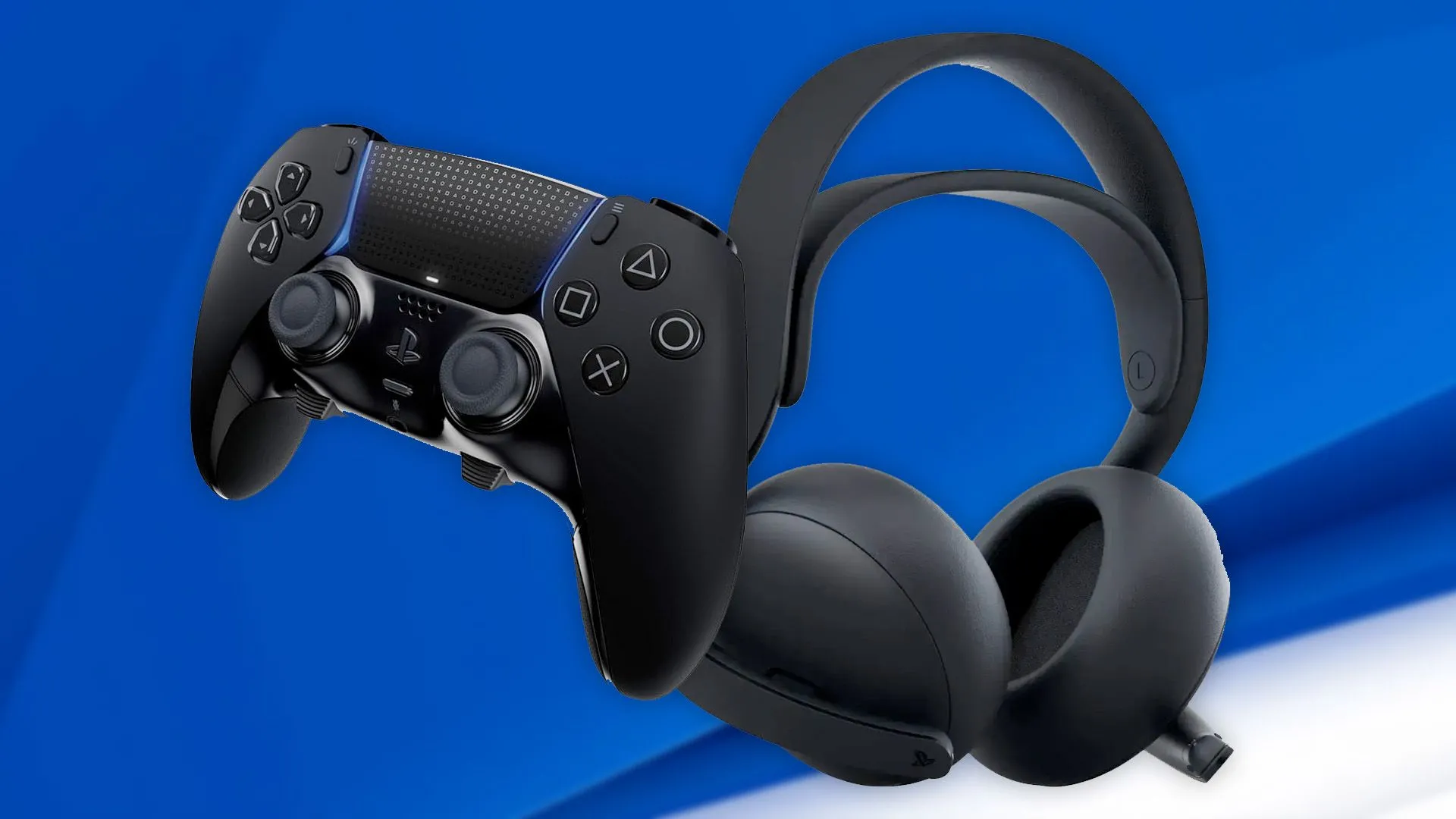 Bộ phụ kiện PlayStation 5 màu đen sang trọng bao gồm tay cầm DualSense, tai nghe và vỏ máy