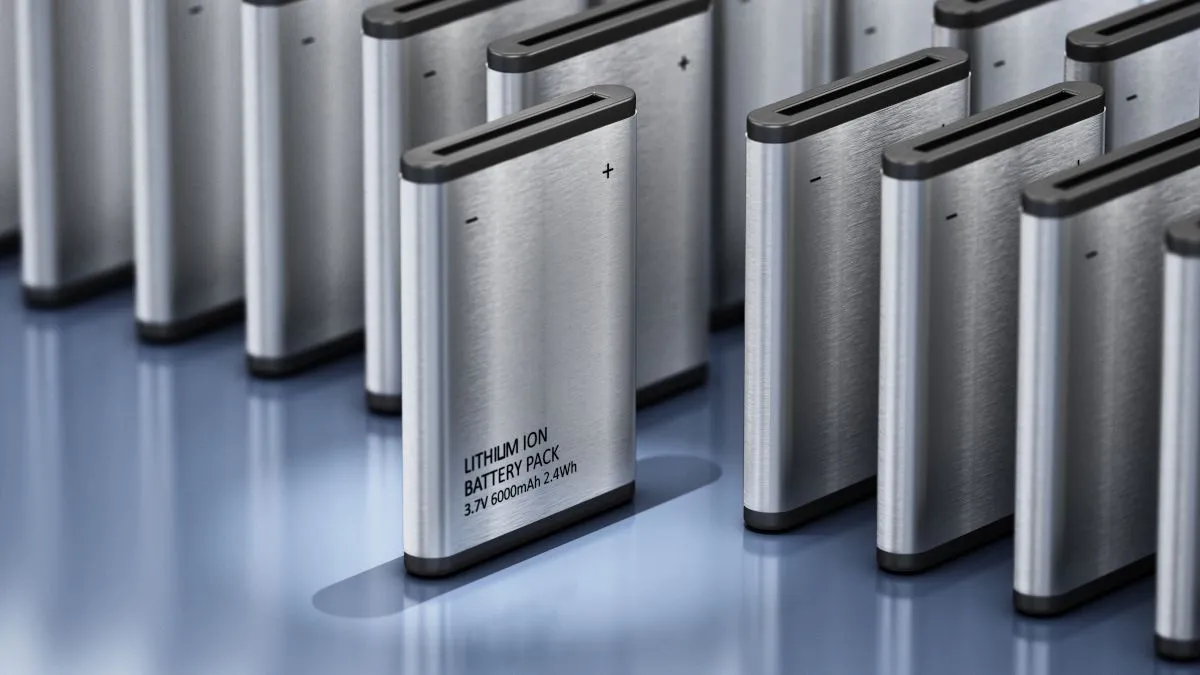 Bộ pin lithium-ion màu xám với một viên pin nổi bật hơn các viên khác