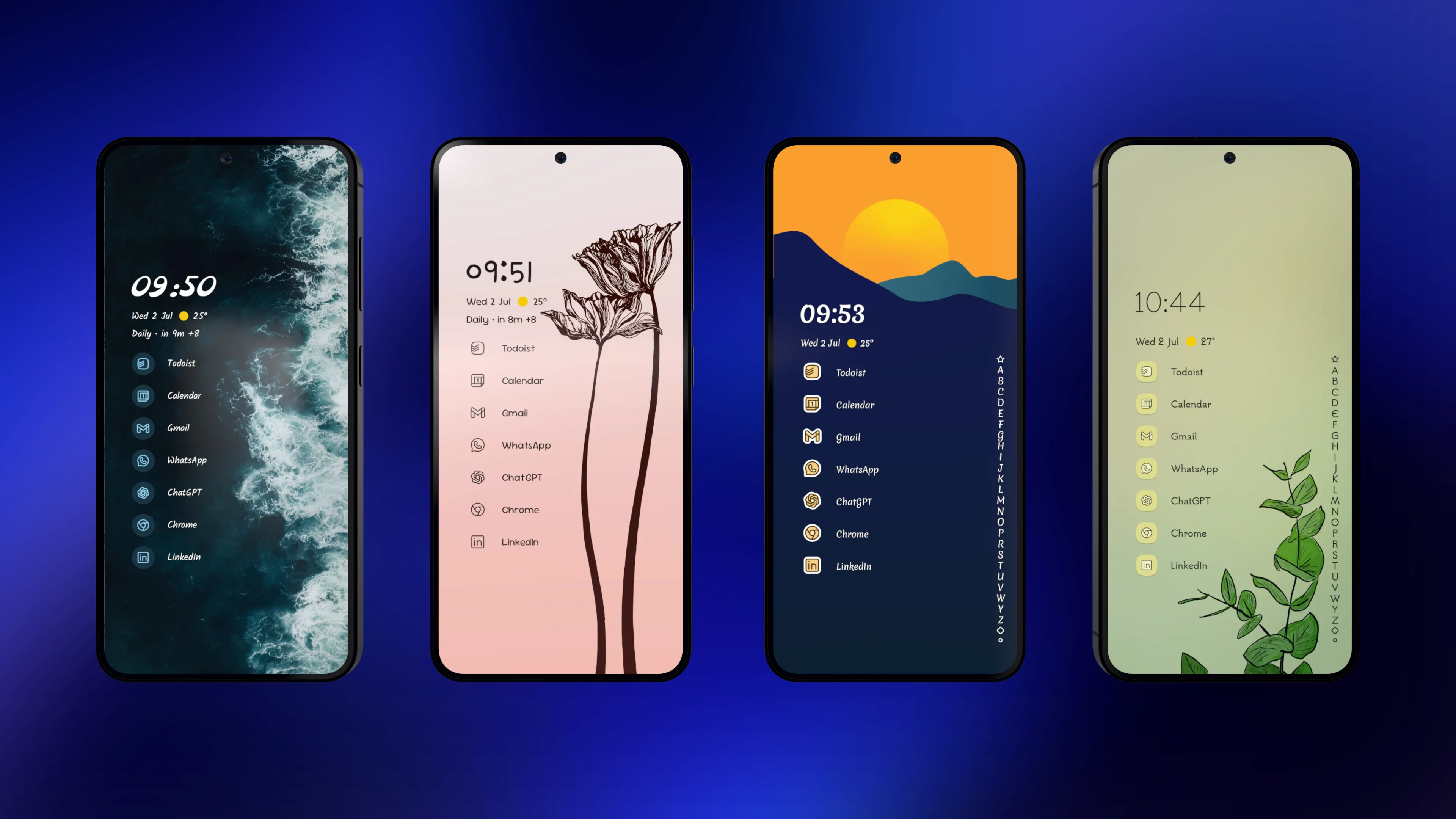 Bộ sưu tập các giao diện chủ đề tùy chỉnh của Niagara Launcher, hiển thị nhiều lựa chọn màu sắc và bố cục