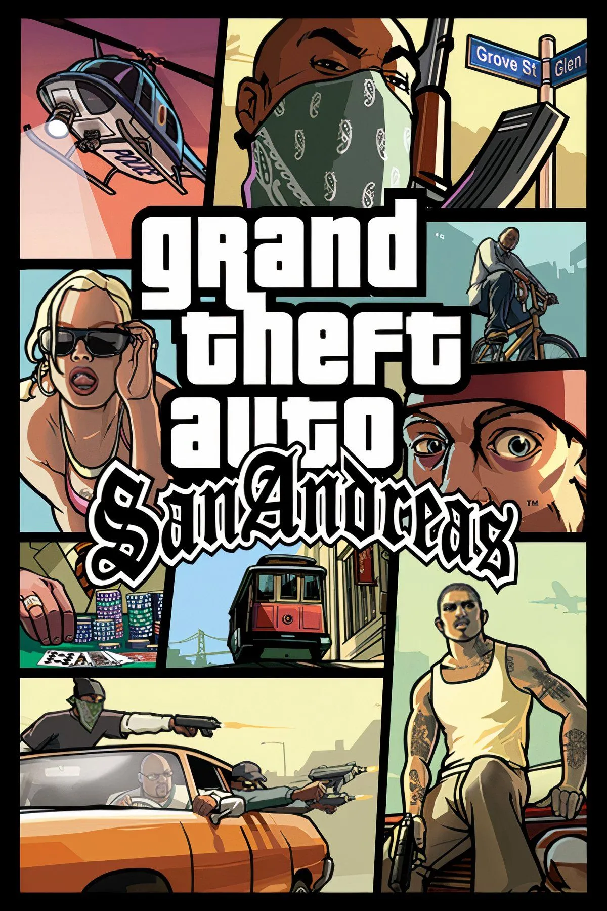 Bối cảnh đô thị và nhân vật chính CJ trong Grand Theft Auto: San Andreas, game thế giới mở huyền thoại.