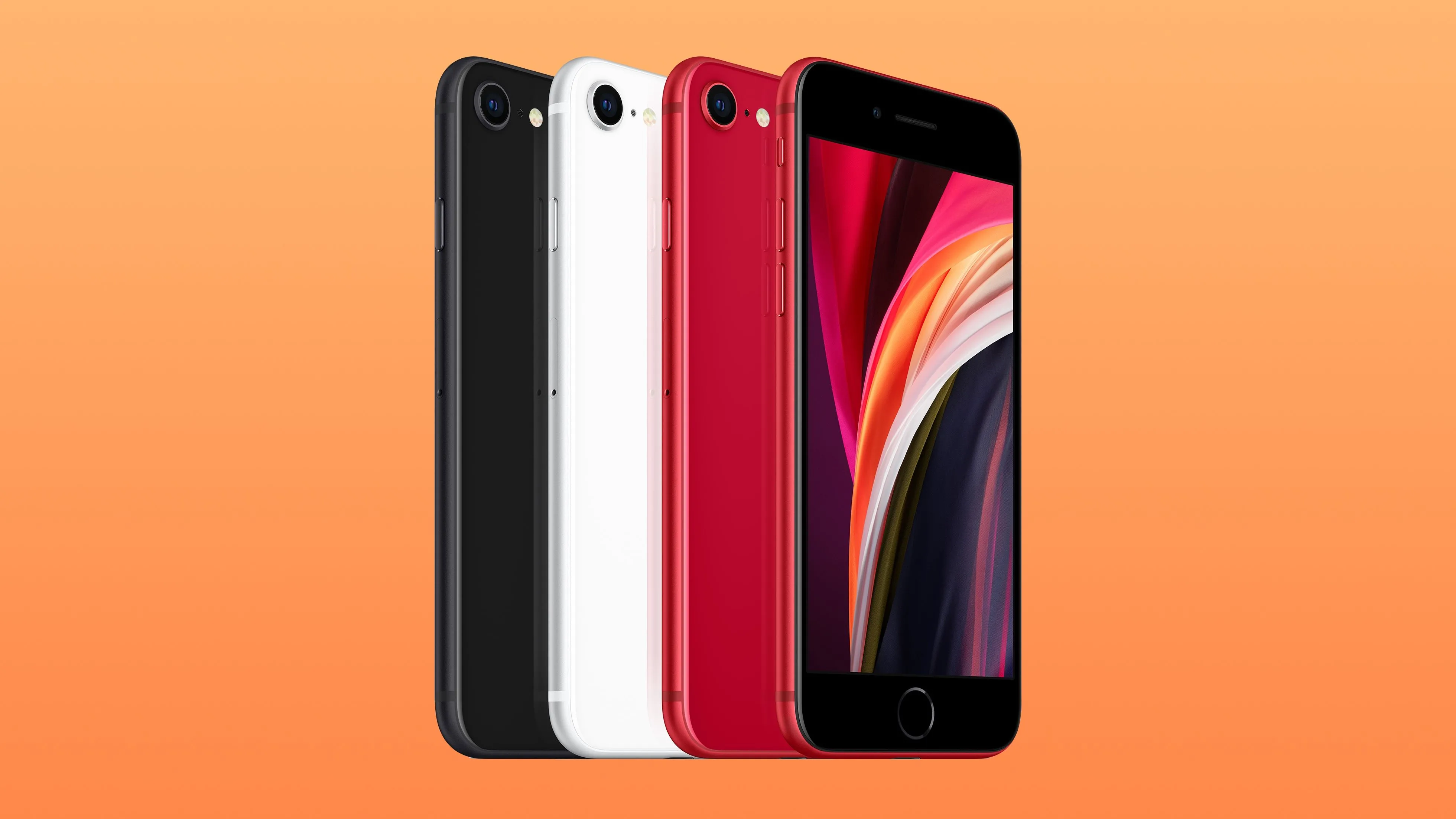 Bốn chiếc iPhone SE thế hệ thứ hai năm 2020 với các màu sắc khác nhau, nhìn từ cạnh bên, thể hiện sự nâng cấp về thiết kế.