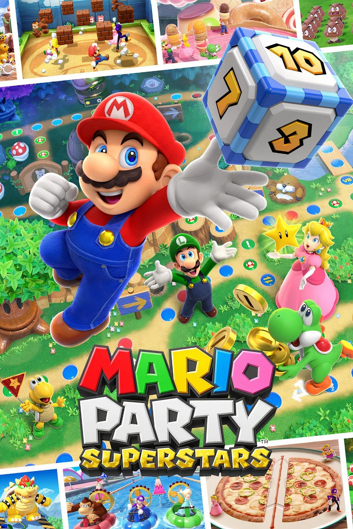 Bốn nhân vật Mario Party Superstars là Mario, Peach, Bowser và Yoshi đang vui vẻ chơi game trên một bàn cờ đầy màu sắc.