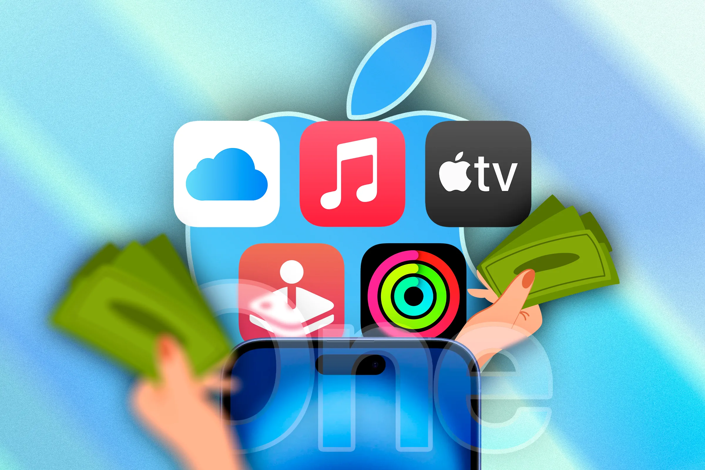Các biểu tượng ứng dụng Apple One cùng hình minh họa bàn tay cầm tiền, thể hiện khả năng tiết kiệm chi phí của gói dịch vụ.