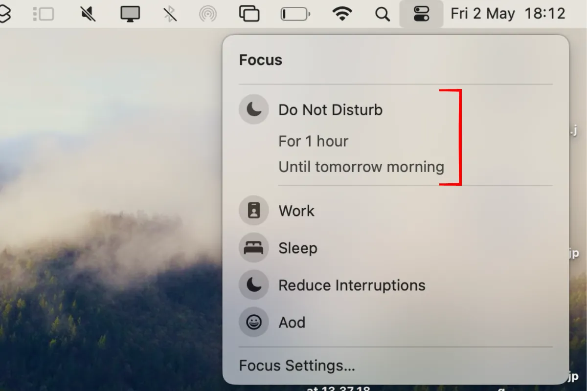 Các chế độ Focus tùy chỉnh trong Control Center của macOS.