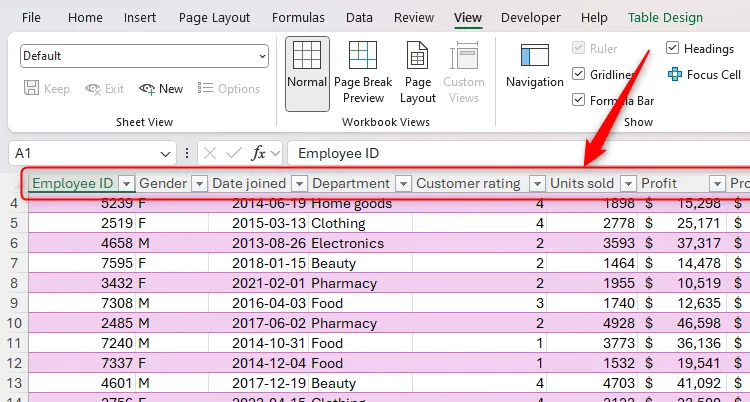 Các chữ cái tiêu đề cột trong bảng tính Excel được thay thế bằng các tiêu đề cột của bảng