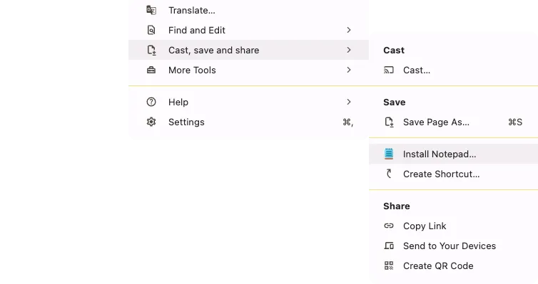 Các menu của trình duyệt Chrome hướng dẫn quy trình cài đặt NotepadJs dưới dạng Progressive Web App