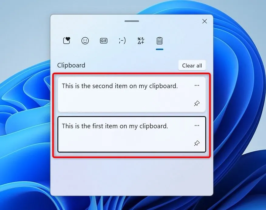 Các mục đã sao chép được đánh dấu trên lịch sử Clipboard của Windows, minh họa tính năng Win+V giúp quản lý bảng nhớ tạm.