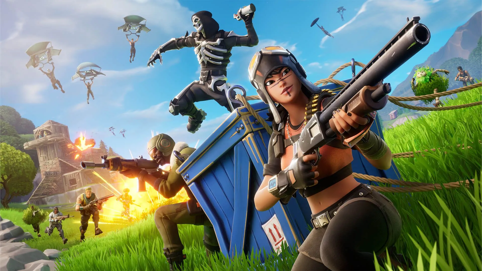 Các nhân vật cầm vũ khí trong hình ảnh quảng cáo Fortnite, đại diện cho game Battle Royale và xây dựng.