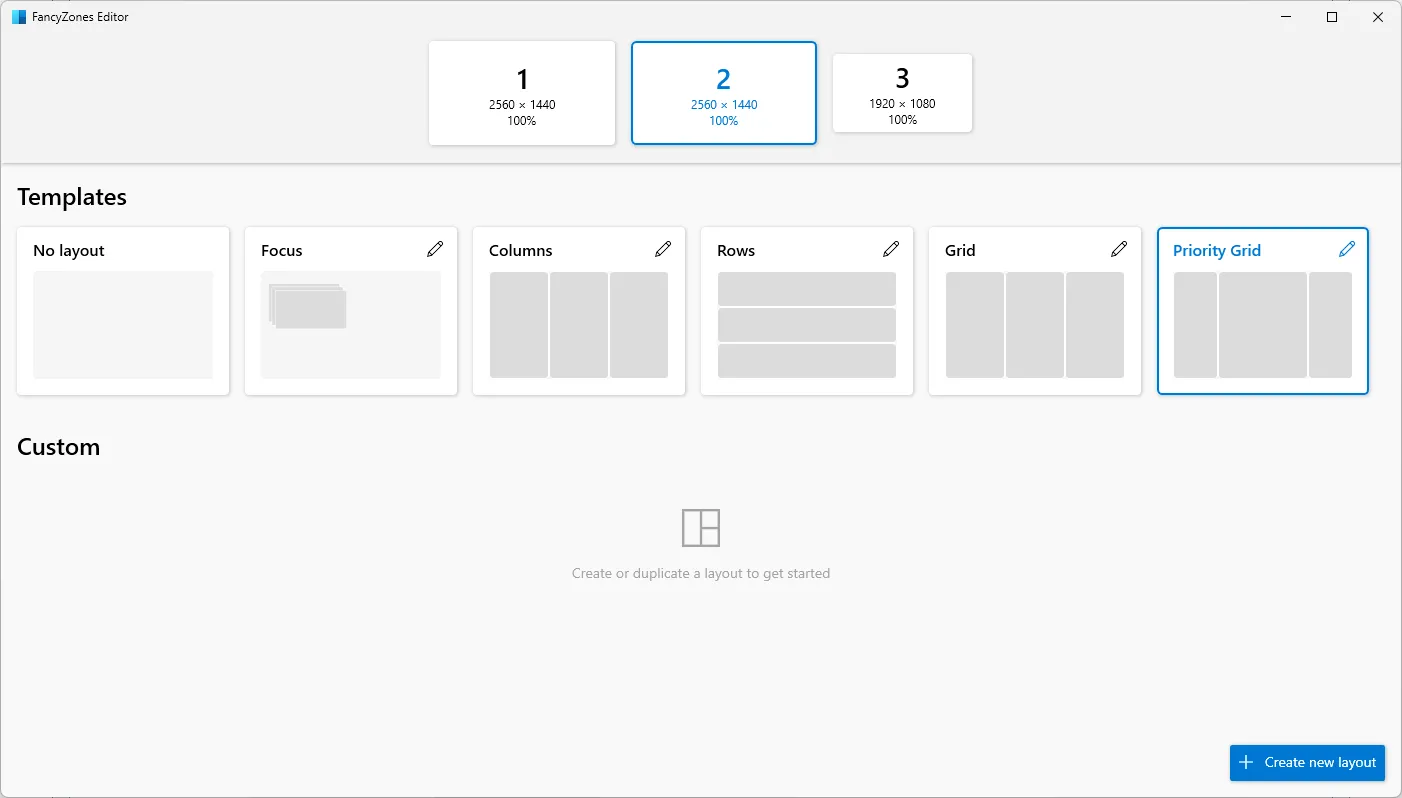Các tùy chọn bố cục mặc định trong công cụ FancyZones của PowerToys cho Windows 11.