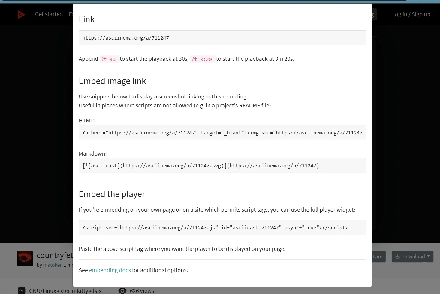 Các tùy chọn chia sẻ và nhúng bản ghi asciinema đã tải lên trên giao diện website asciinema.org, bao gồm mã nhúng JavaScript.