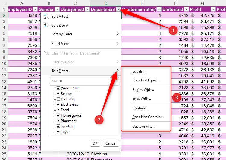 Các tùy chọn lọc văn bản trong bảng Microsoft Excel