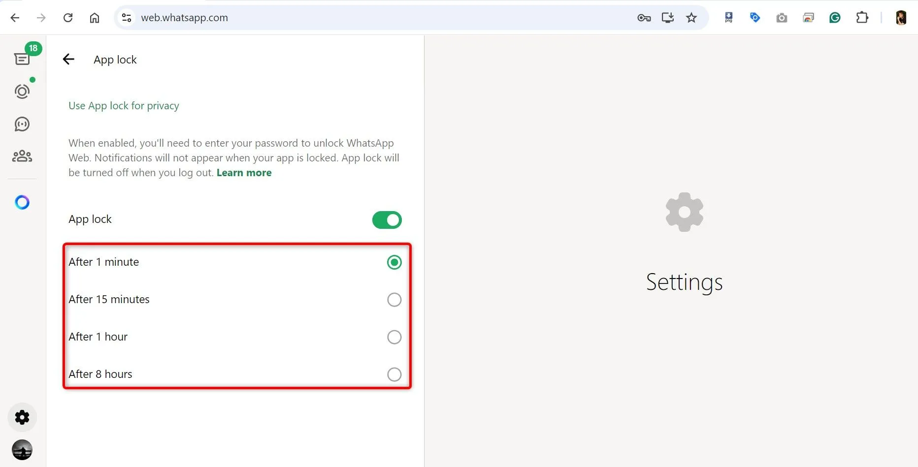 Các tùy chọn thời gian tự động khóa ứng dụng WhatsApp Web, cho phép người dùng lựa chọn sau 1, 15 phút, 1 hoặc 8 giờ.