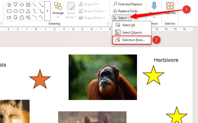 Cách mở Selection Pane trong PowerPoint từ tab Home bằng cách chọn Select và sau đó là Selection Pane