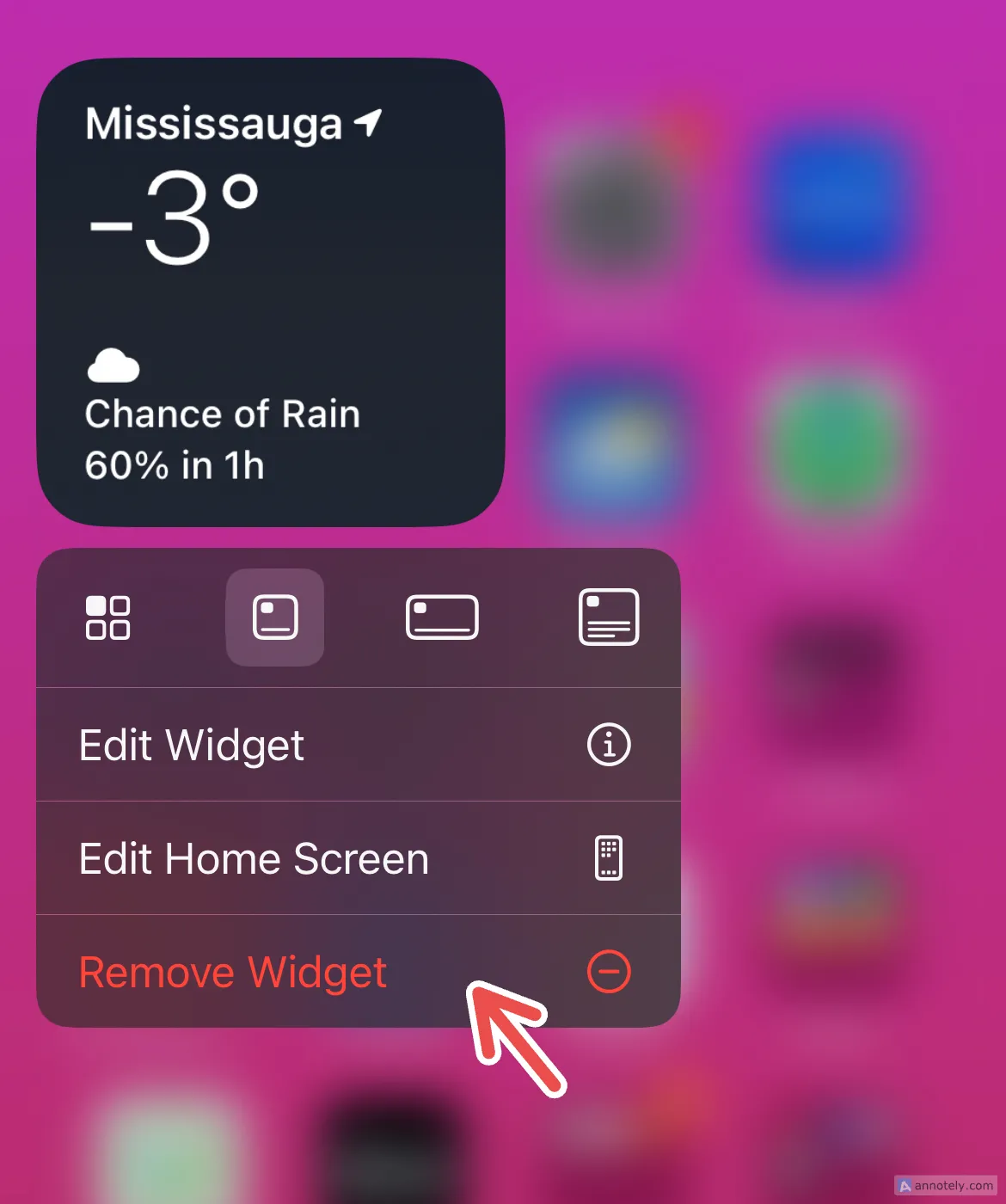 Cách xóa một widget khỏi màn hình chính iPhone, giúp giảm bớt sự lộn xộn.