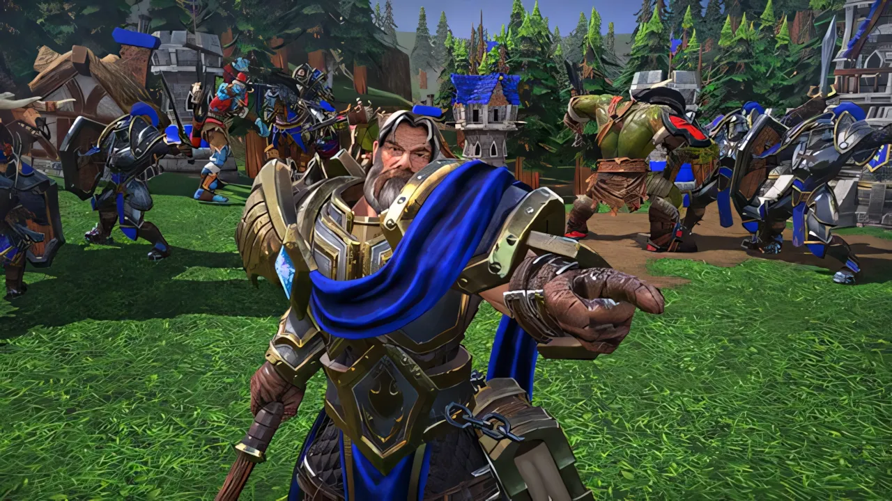 Cảnh chiến đấu giữa các quân đoàn và kiến trúc trong game Warcraft III: Reforged.