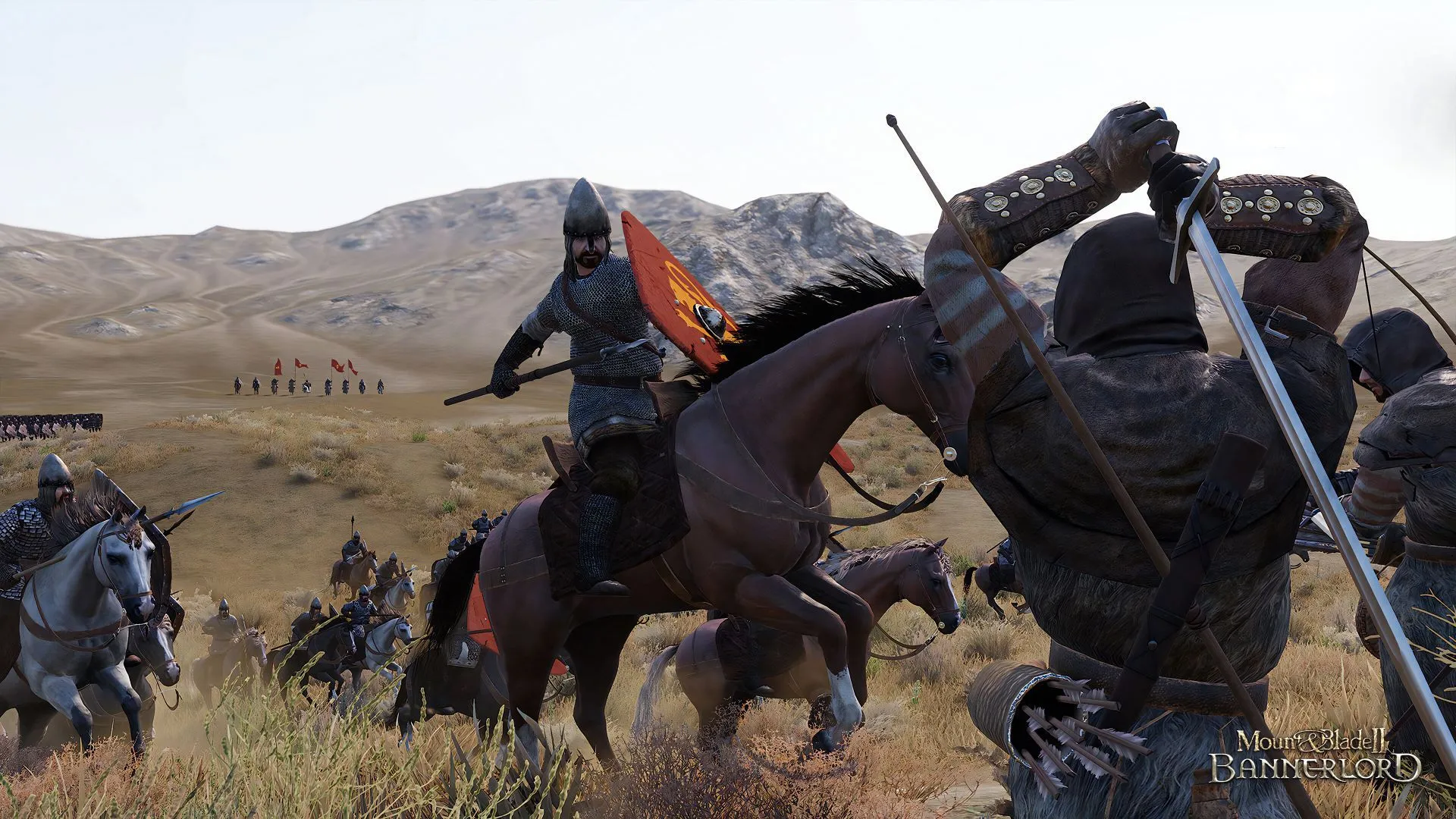 Cảnh chiến đấu trên lưng ngựa chống lại bộ binh trong Mount and Blade II: Bannerlord, thể hiện quy mô trận chiến