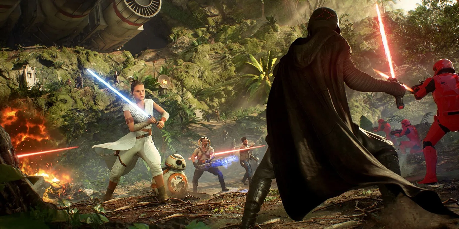 Cảnh chiến đấu trong game Star Wars: Battlefront 2 (2017), hiển thị các binh lính và hiệu ứng kỹ năng trong trận chiến