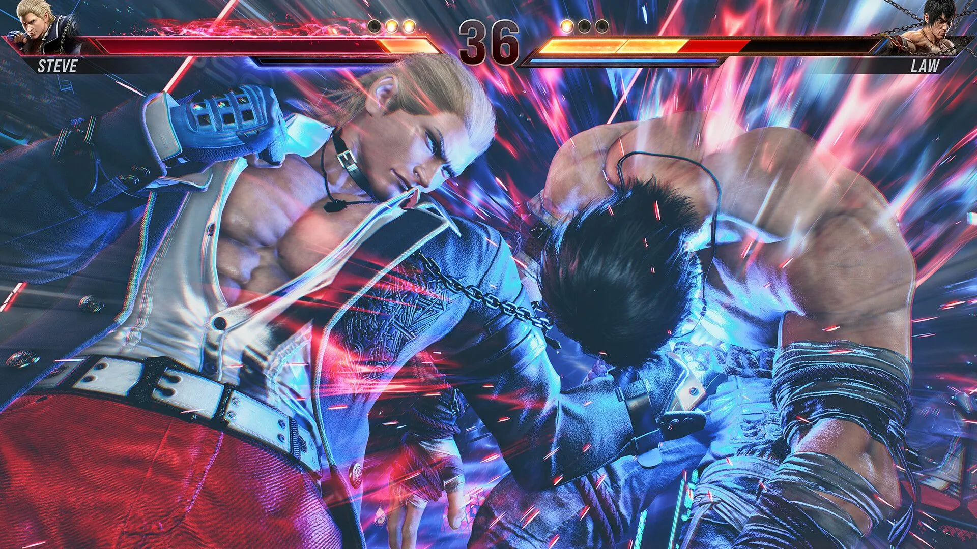 Cảnh chơi game Tekken 8, với Steve Fox đang tấn công Marshall Law, minh họa đồ họa ấn tượng của game đối kháng hiện đại.