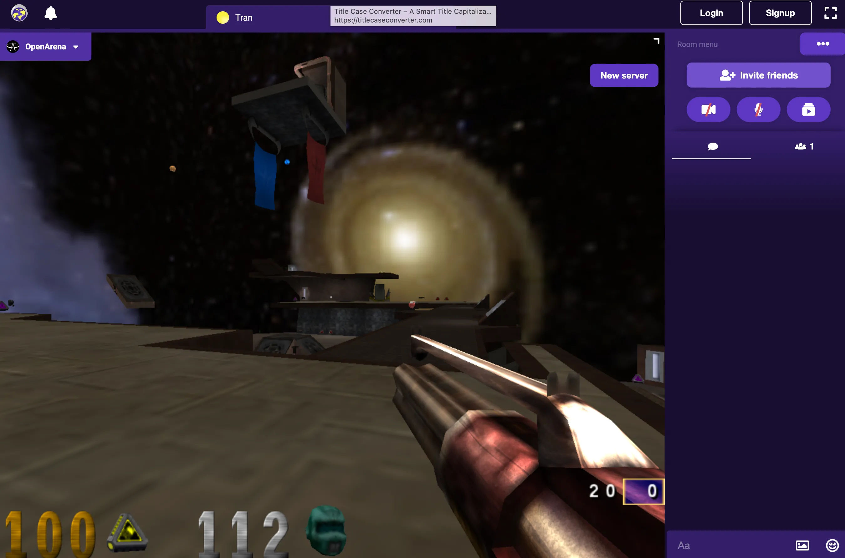 Cảnh khởi đầu một trận đấu trong OpenArena Live, hiển thị đồ họa 3D của tựa game bắn súng góc nhìn thứ nhất (FPS) có thể chơi trực tiếp trên trình duyệt web.