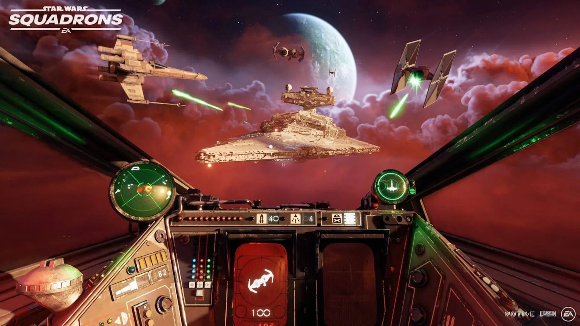 Cảnh nhìn từ buồng lái phi thuyền X-wing tham gia trận chiến với TIE Fighter và Tàu khu trục Star Destroyer trong game Star Wars Squadrons VR.