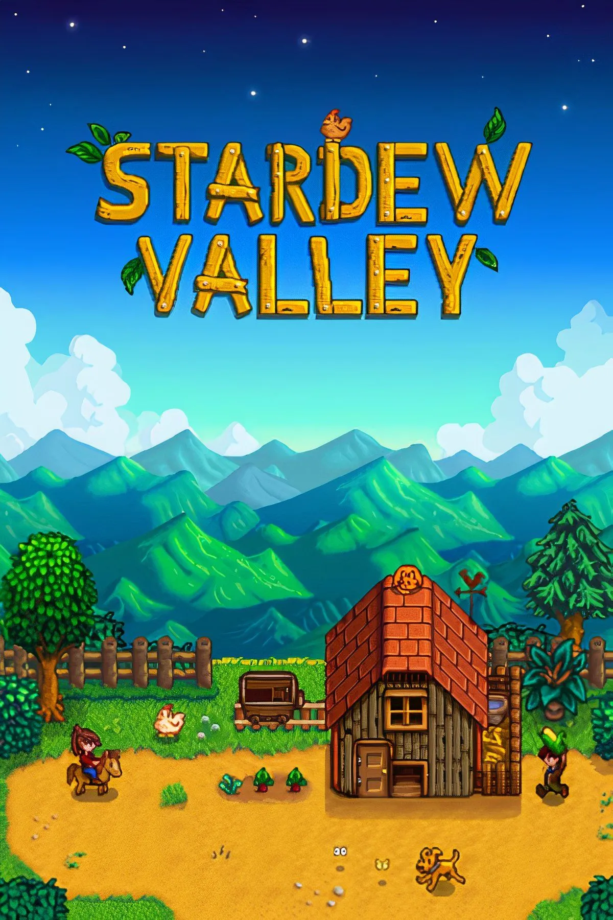 Cảnh quan yên bình của trang trại Stardew Valley với nhà cửa, cây trồng và động vật