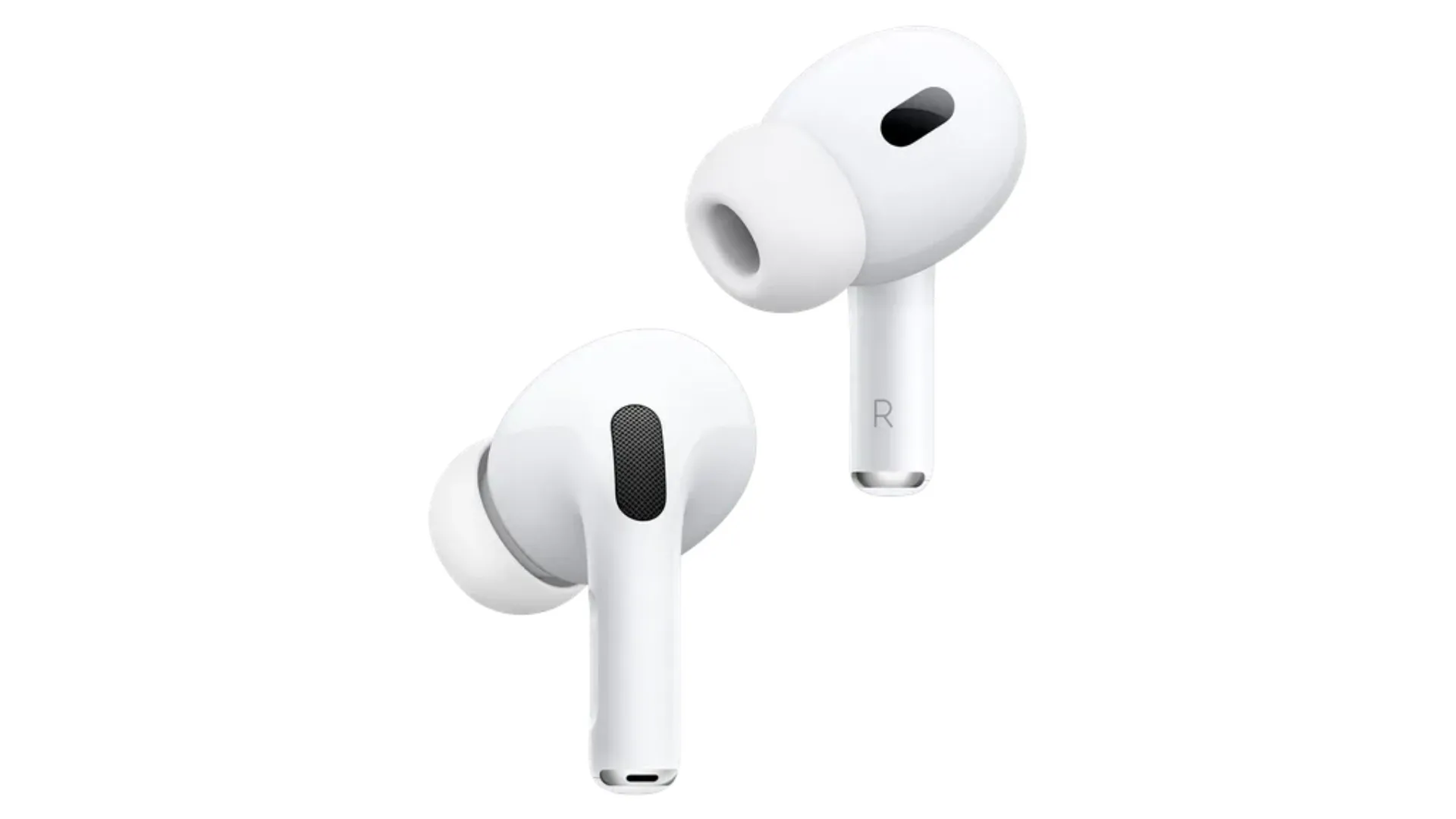 Cặp tai nghe AirPods Pro 2 màu trắng trên nền đơn giản.