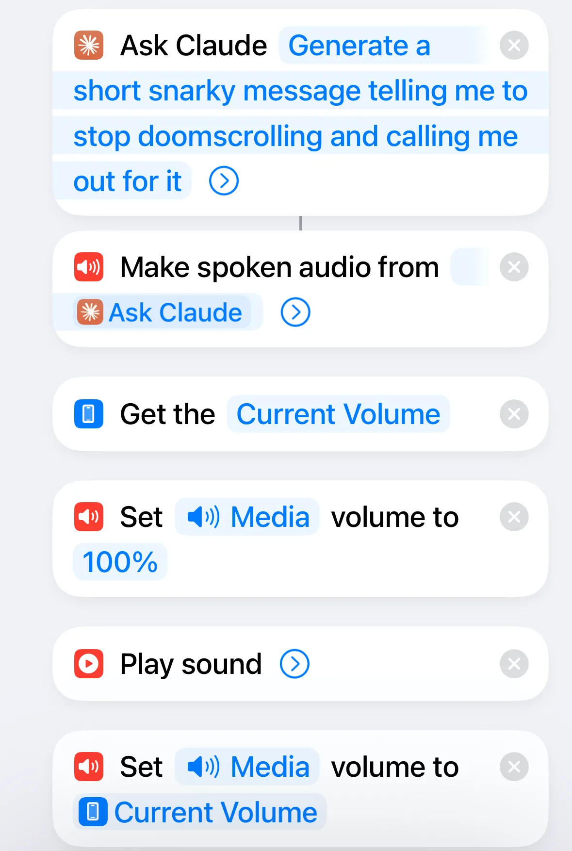 Cấu trúc hoàn chỉnh của phím tắt chống doomscrolling trong ứng dụng Phím tắt trên iPhone, thể hiện các bước điều khiển AI và âm thanh.
