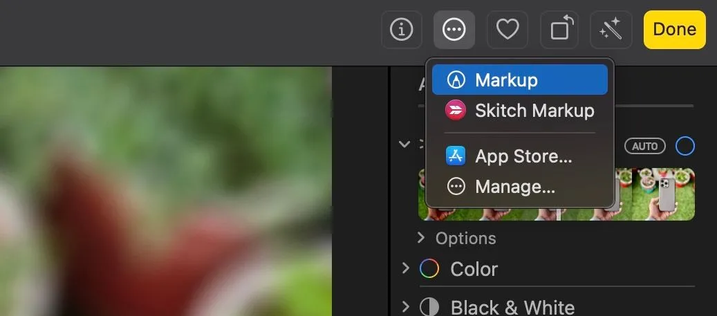 Chọn tùy chọn Markup từ nút tiện ích mở rộng trong Photos để bắt đầu chú thích ảnh.