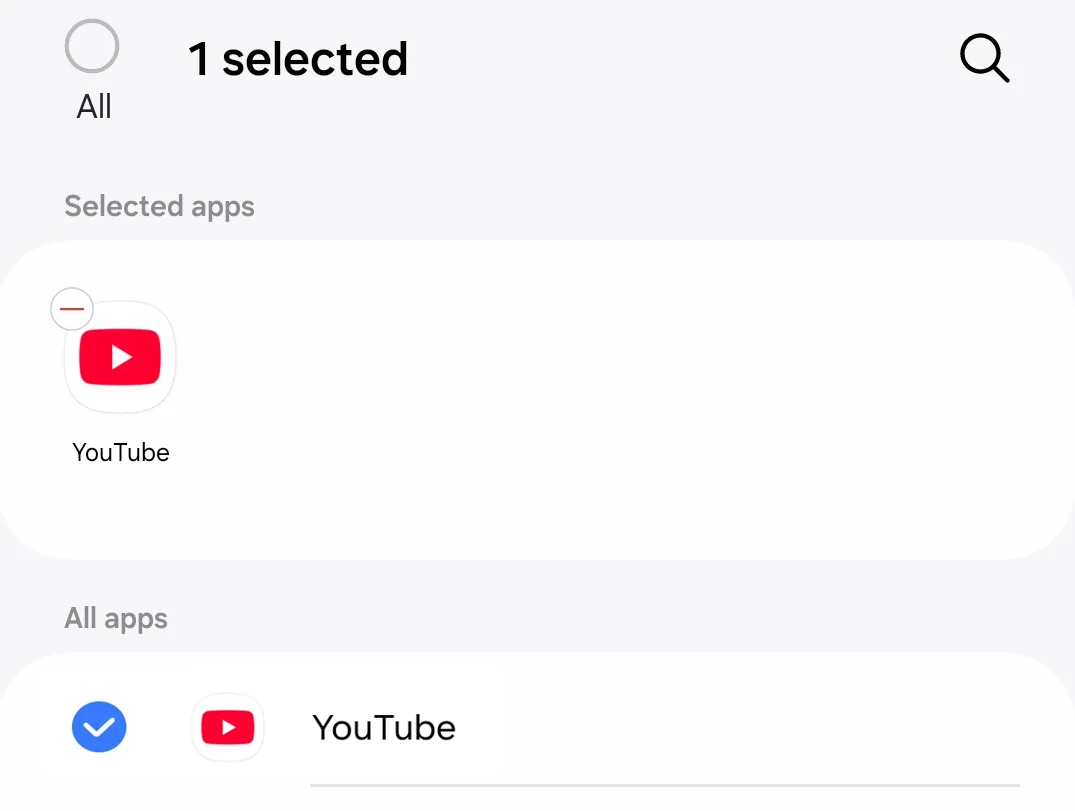Chọn ứng dụng YouTube làm điều kiện kích hoạt trong Chế độ và Quy trình Samsung.