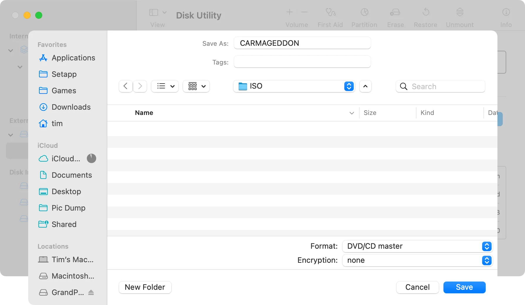 Chọn vị trí lưu và định dạng CD/DVD master cho ảnh đĩa trên macOS