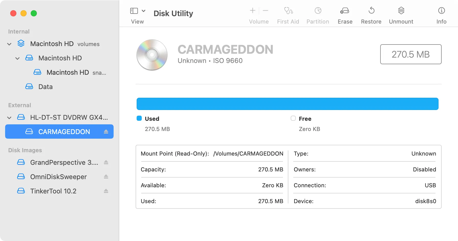 Chọn volume đĩa CD trong Disk Utility trên macOS