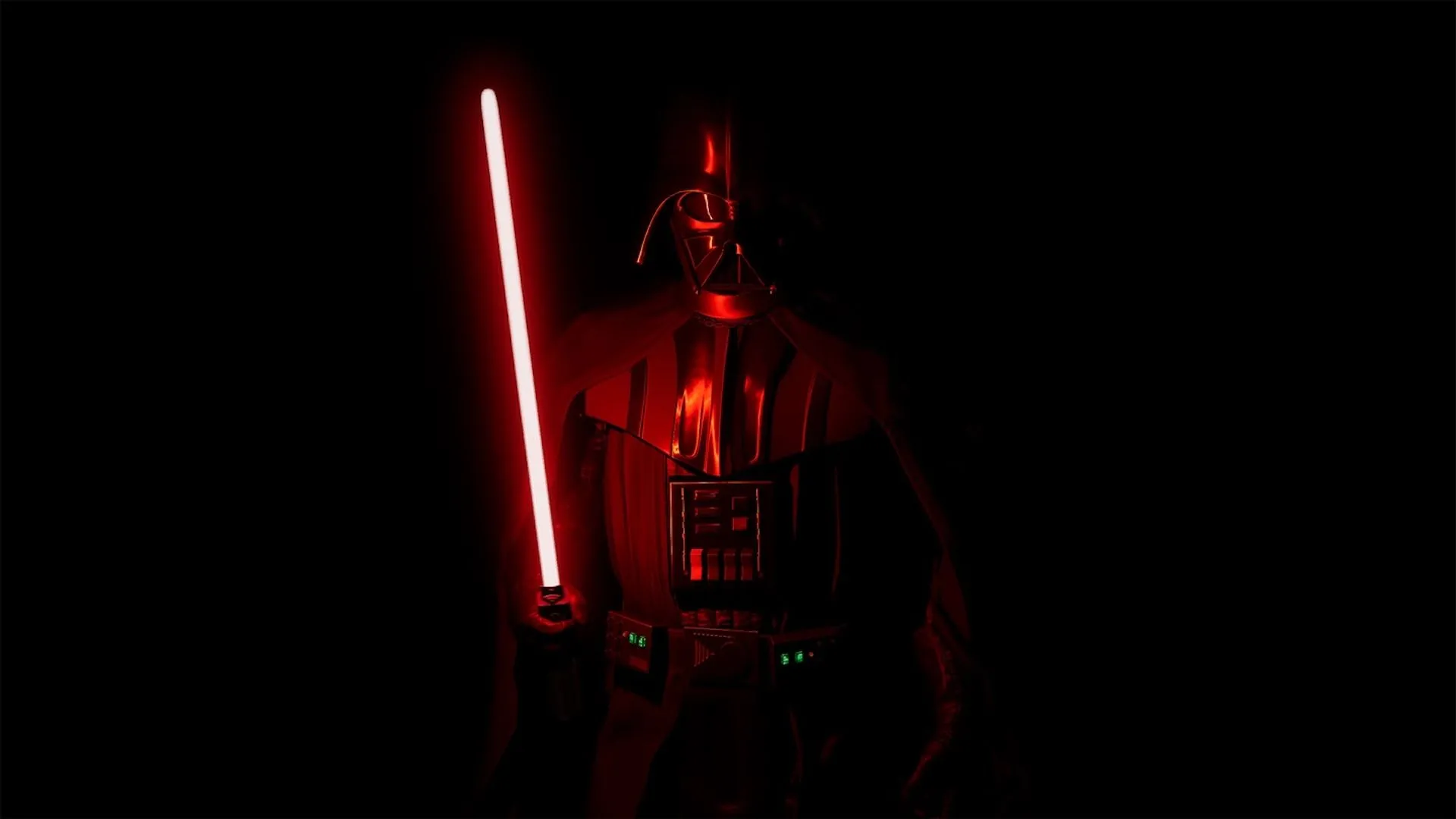 Chúa tể Darth Vader xuất hiện đáng sợ, được chiếu sáng bởi ánh kiếm lightsaber đỏ rực trong game VR Vader Immortal.