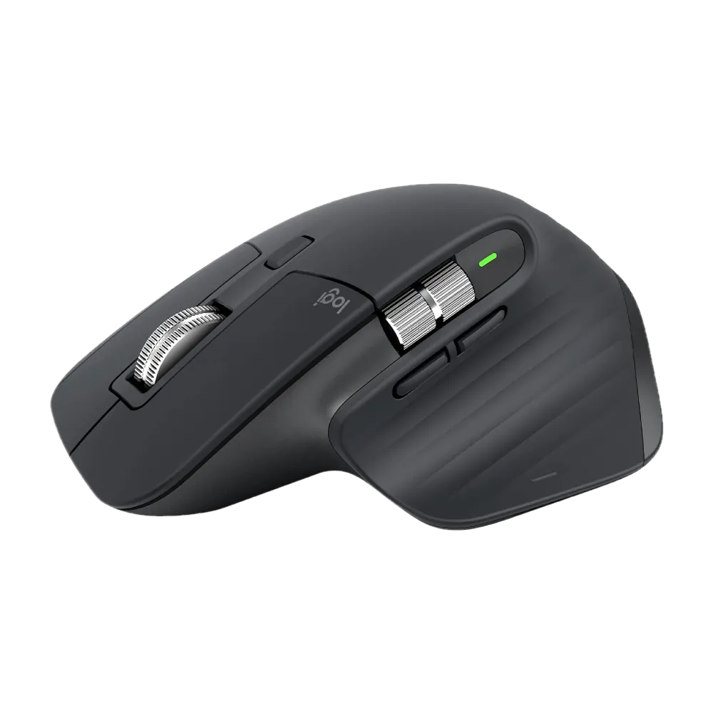 Chuột Logitech MX Master 3S màu than chì trên bàn làm việc, nhấn mạnh thiết kế công thái học và cuộn siêu tốc.