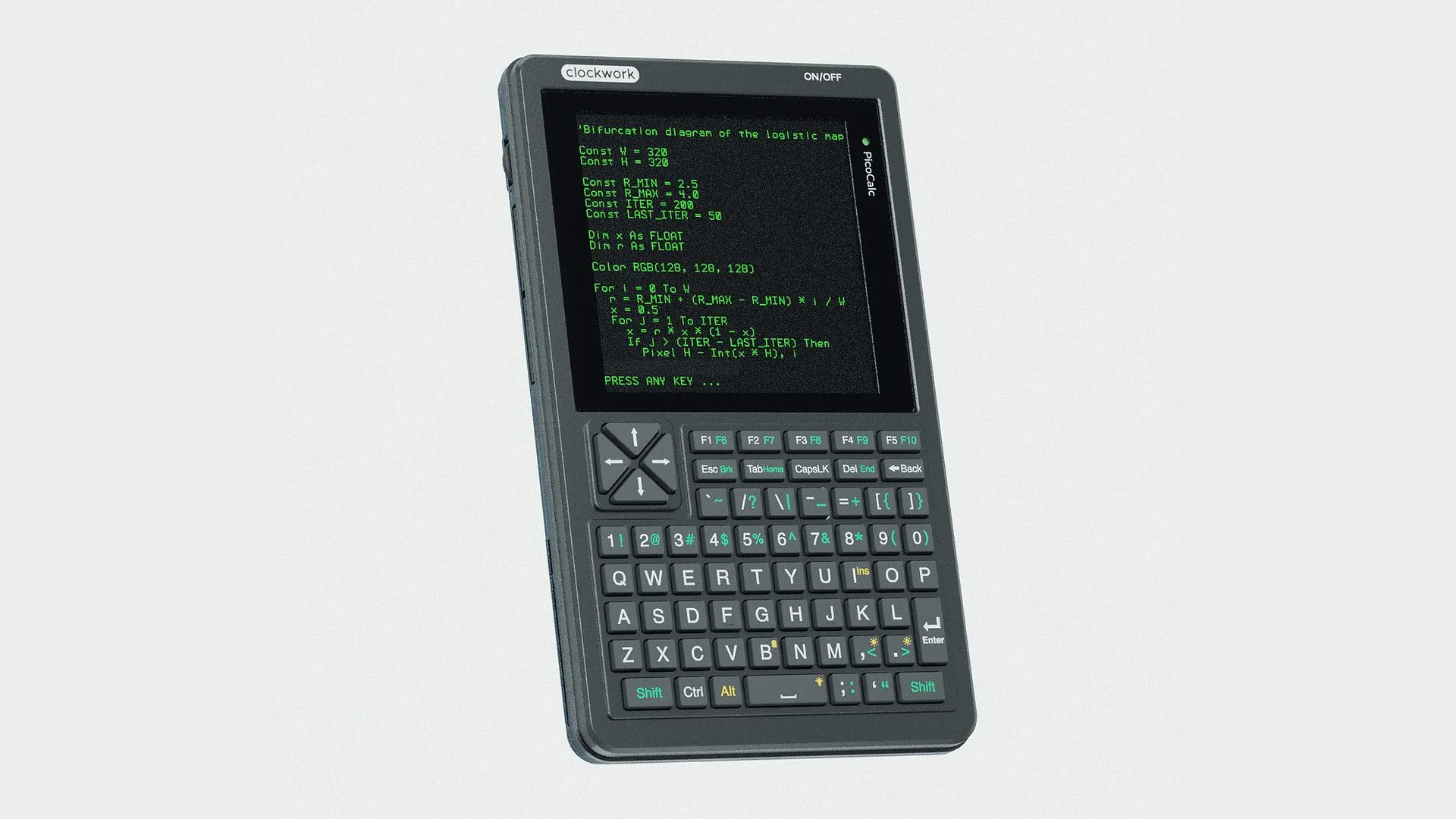 ClockworkPi PicoCalc, một máy tính cầm tay nhỏ gọn dạng máy tính bỏ túi trên nền trắng, thích hợp cho dân mê DIY.