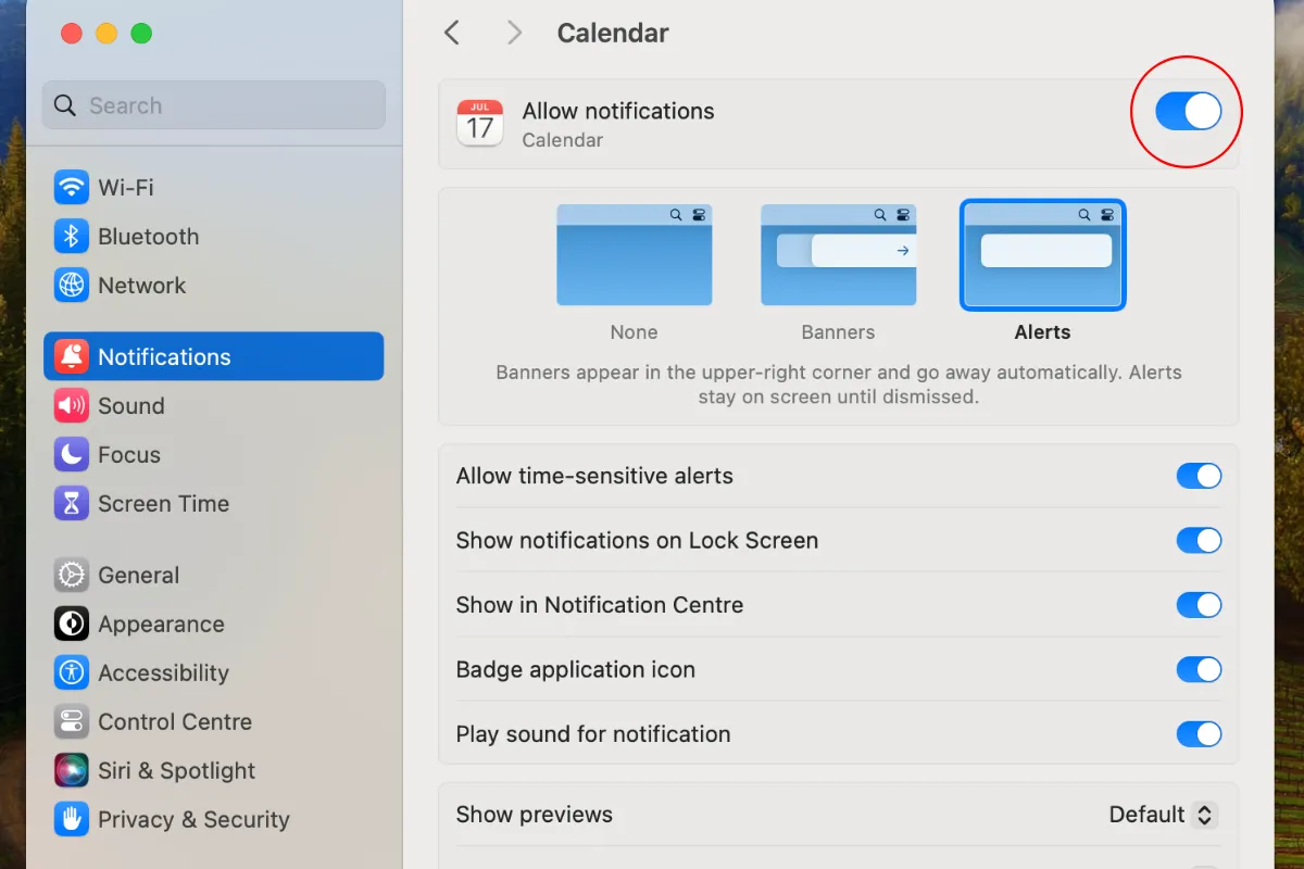 Công tắc &quot;Cho phép thông báo&quot; trong cài đặt thông báo của một ứng dụng cụ thể trên macOS.