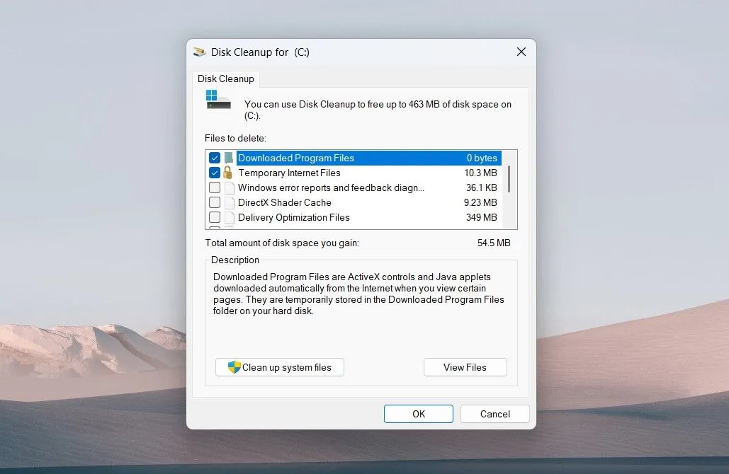 Cửa sổ công cụ Disk Cleanup trên Windows 11 để giải phóng dung lượng