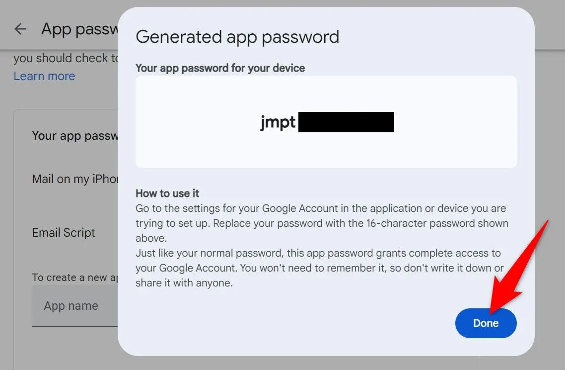 Cửa sổ &quot;Generated App Password&quot; hiển thị mật khẩu ứng dụng được tạo và nút &quot;Done&quot;